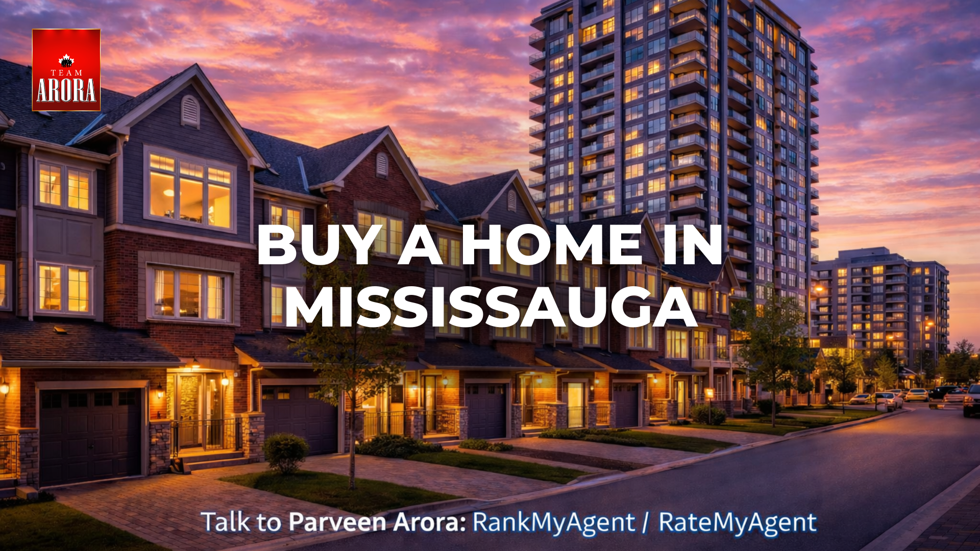 Mississauga neighbourhood street at sunset with modern townhomes and condominium buildings representing the local housing market in 2025