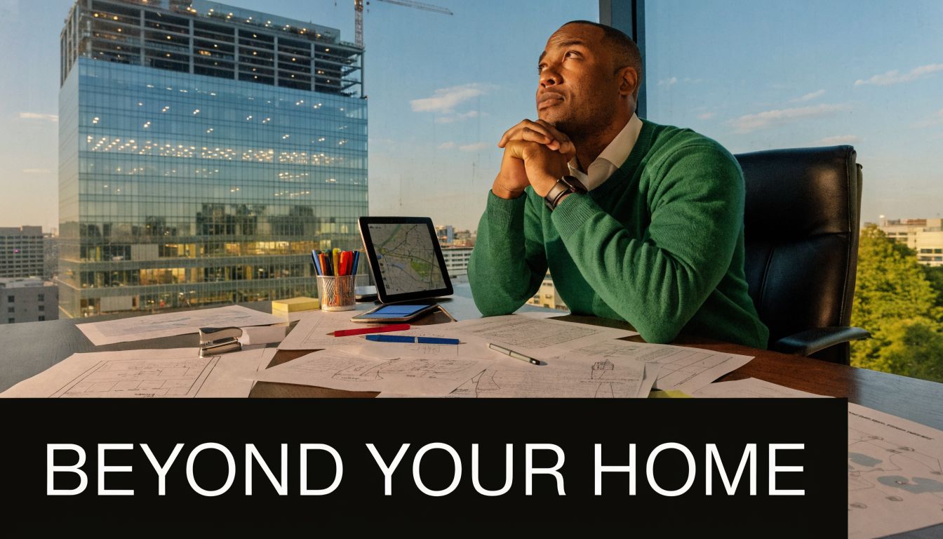 A professional man sitting at an office desk overlooking a city skyline while planning real estate.