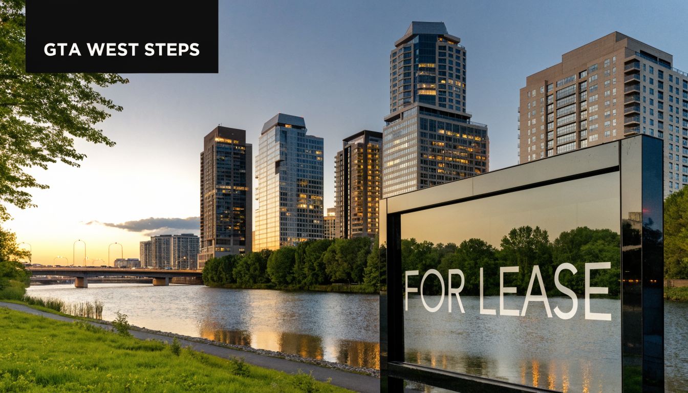 A scenic view of a city skyline across a river with a prominent FOR LEASE sign.