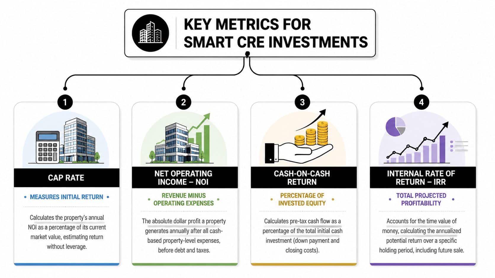 An infographic showing four key metrics for smart commercial real estate investing: Cap Rate, NOI, Cash-on-Cash, and IRR.