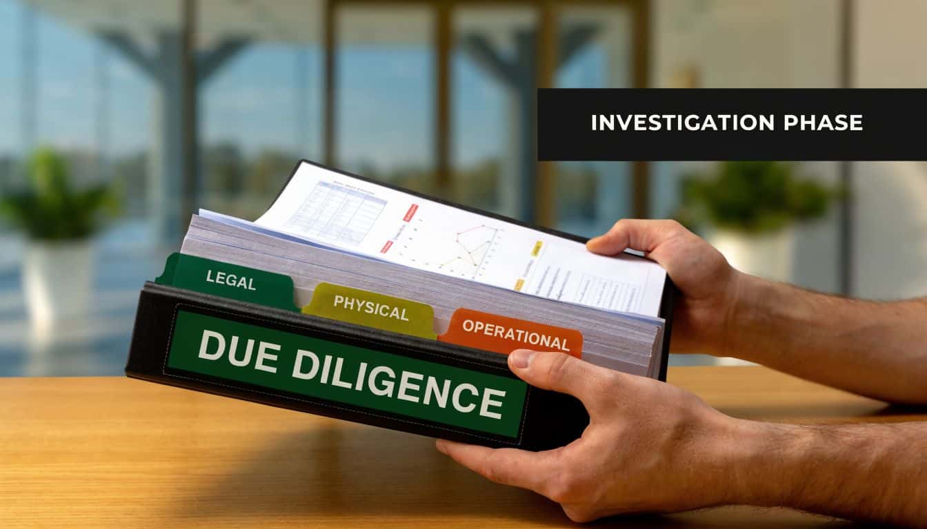 A person holding an open due diligence folder labeled with legal, physical, and operational sections.