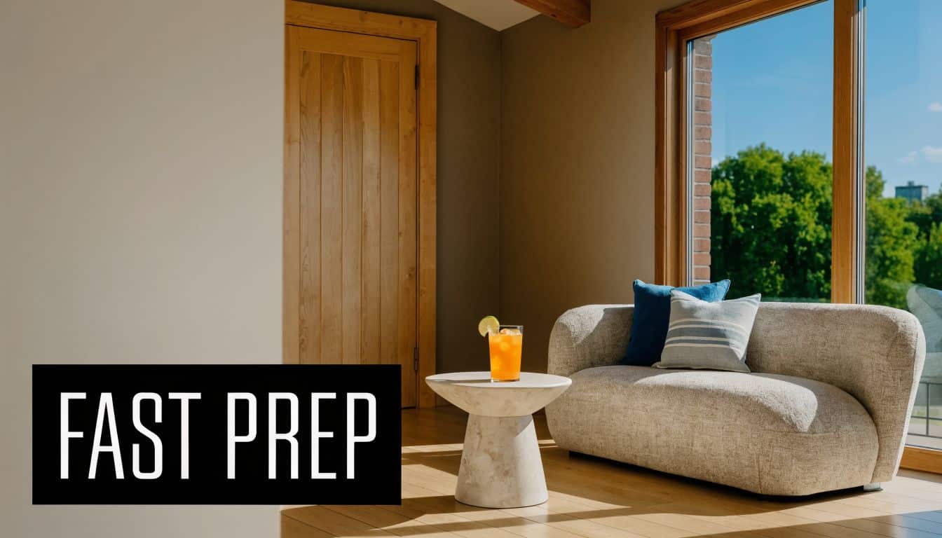 A cozy modern living room with a cream sofa, stone side table, and a refreshing drink.