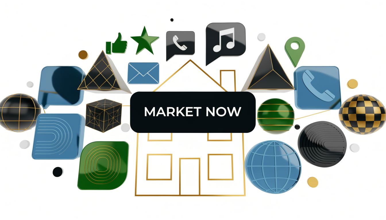 A 3D graphic featuring a house outline, various icons, and the text MARKET NOW on a white background.