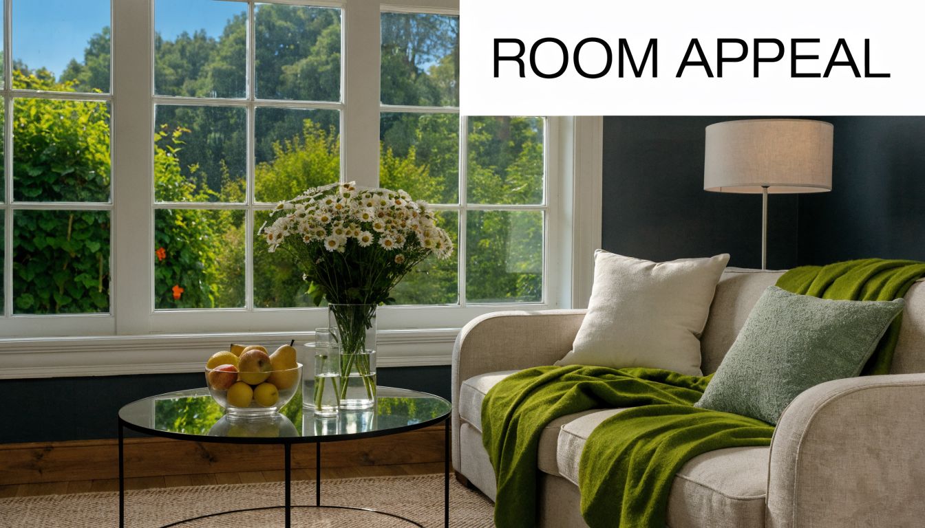A cozy, well-staged living room featuring a comfortable beige sofa with green throws and a glass coffee table.