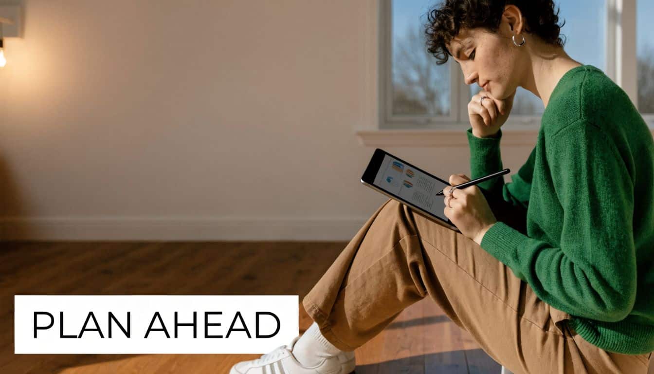 A person sitting on a wooden floor, using a stylus on a tablet to plan home staging.