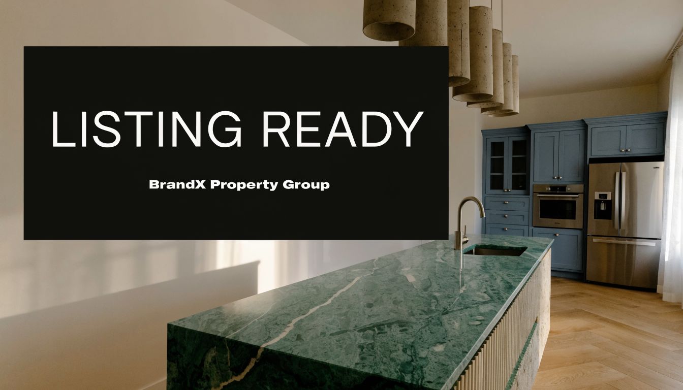 A modern kitchen interior featuring a striking green marble kitchen island and blue cabinetry for home staging.