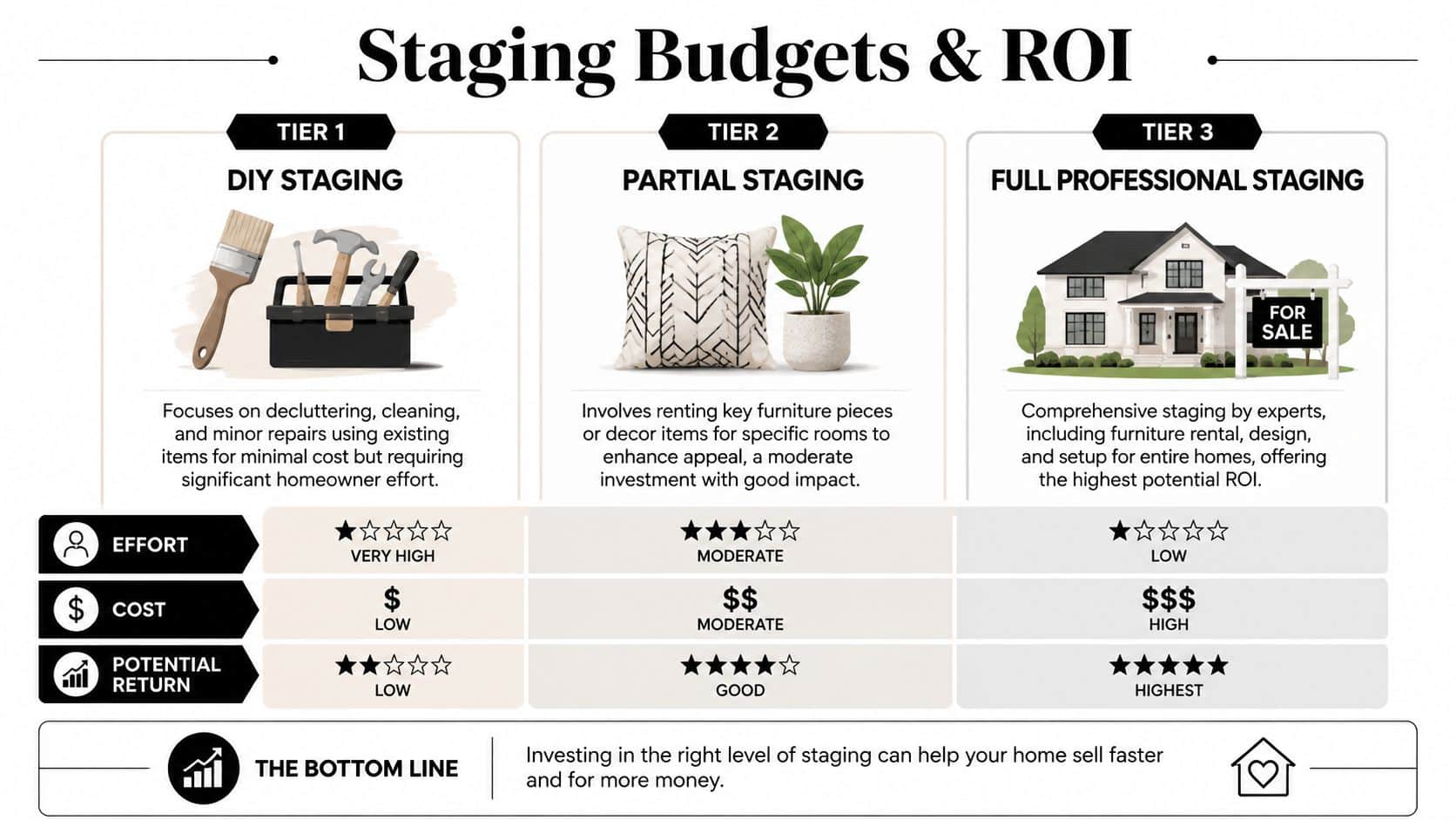 A comparison chart showing three tiers of home staging budgets including DIY, partial, and full professional staging.