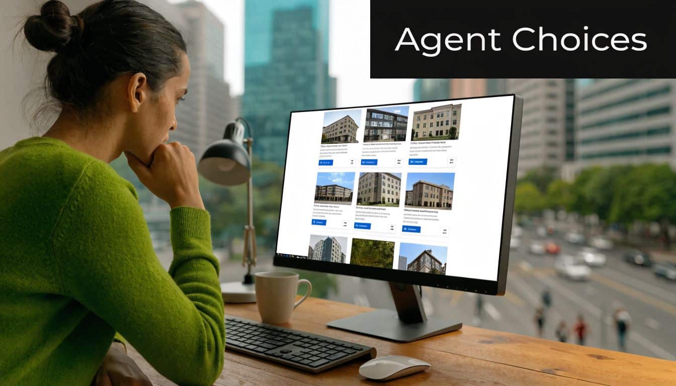 A woman viewing a website with real estate listings on a computer screen in a bright office.