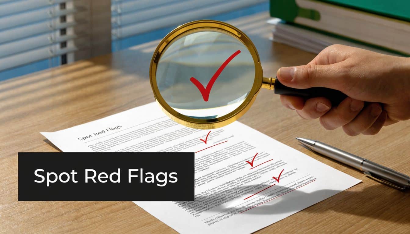 A hand holds a magnifying glass over a document with red checkmarks to identify potential red flags.